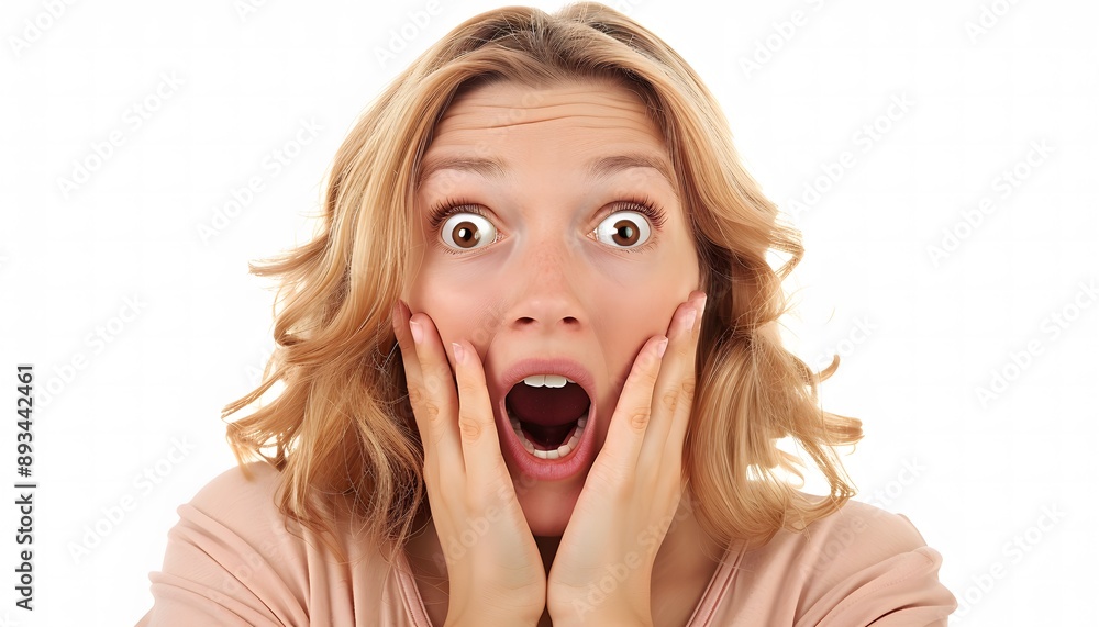 A woman with a surprised look, hands covering her mouth in astonishment. In white background A woman with a surprised look, hands covering her mouth in astonishment. In white background