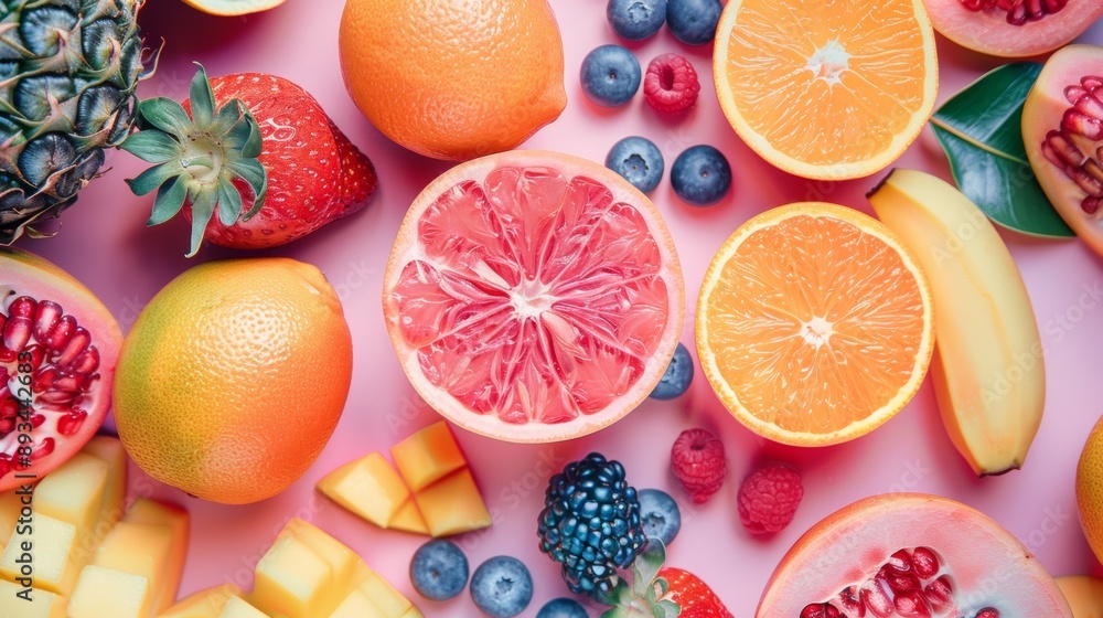 Assorted Fresh Fruits on Pink Background Assorted Fresh Fruits on Pink Background