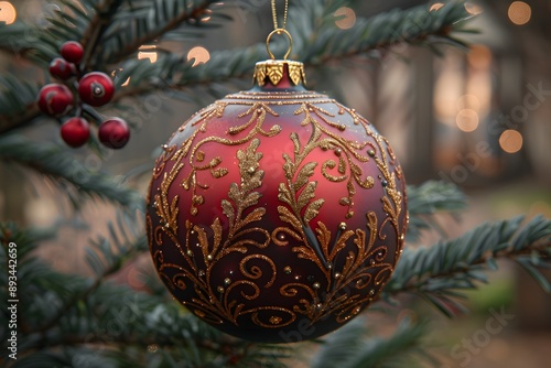 Christmas Ornament on Pine Branch - Festive Holiday Decoration with Red and Golden Bauble for Seasonal Celebrations