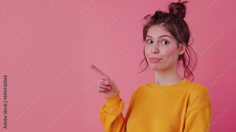 Portrait of a young woman pointing her fingers isolated on a pastel background. Portrait of a young woman pointing her fingers isolated on a pastel background.