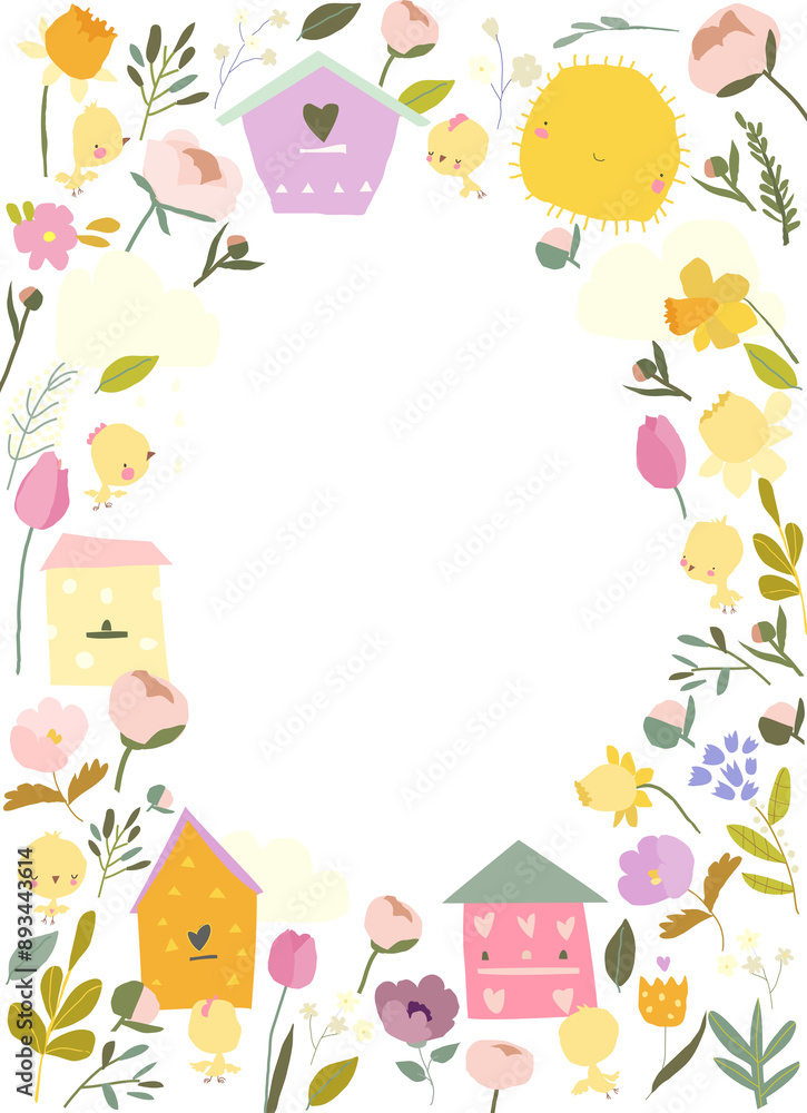 Vector Cute Frame composed of Spring Flowers, Birds and Birdhouses Vector Cute Frame composed of Spring Flowers, Birds and Birdhouses