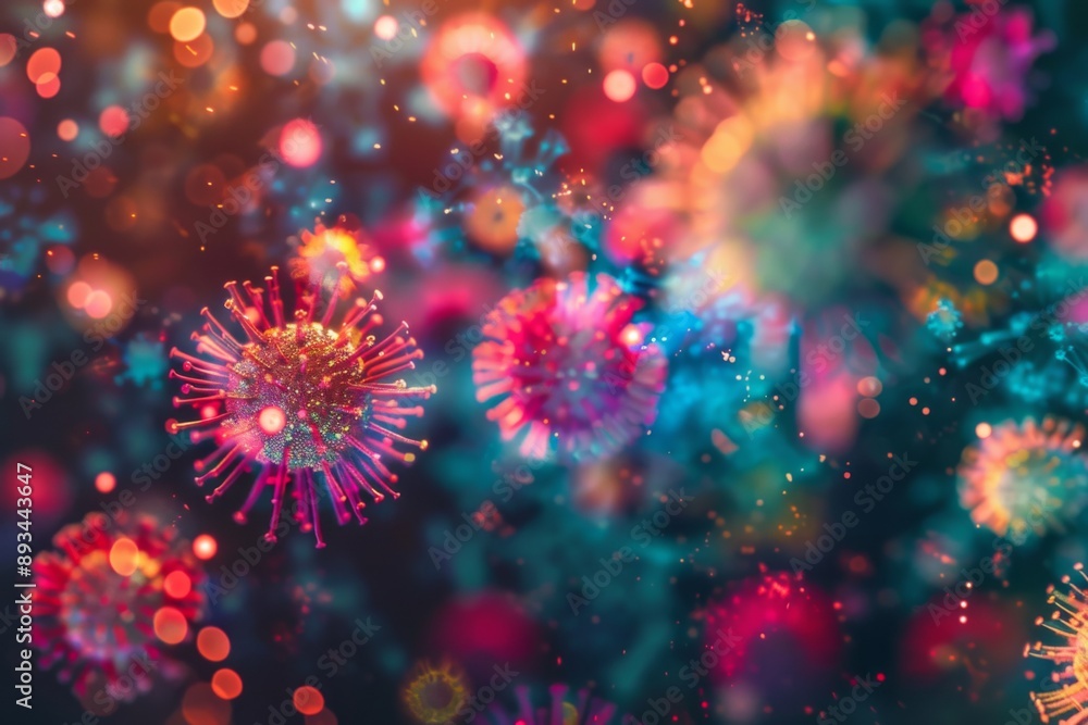 Fototapeta premium Colorful Viruses under microscope, Dangerous influenza or coronavirus cells for background