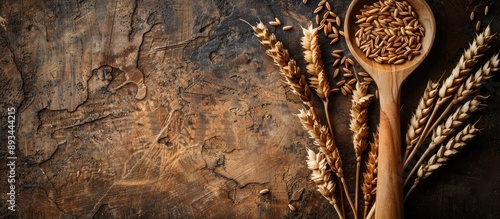 A wooden spoon with wheat g...