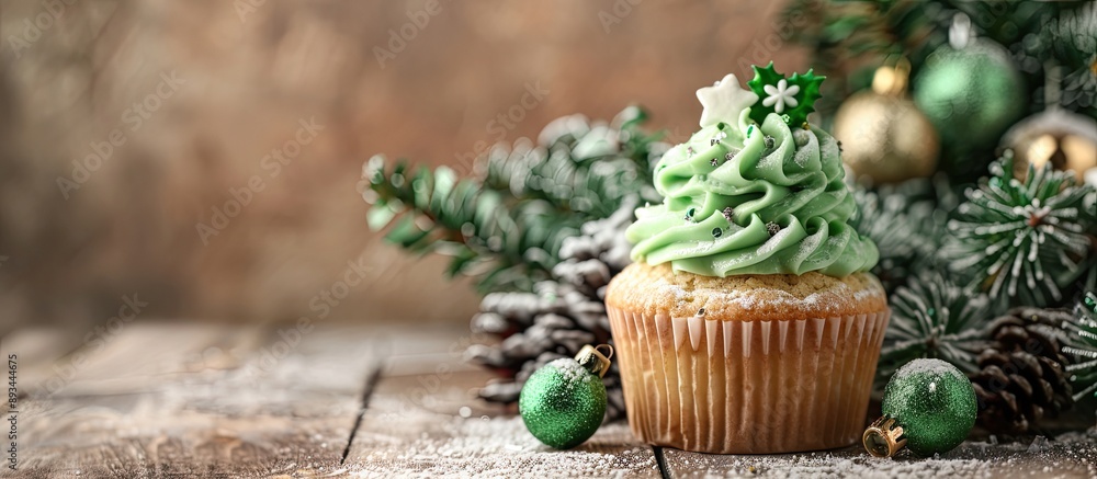 A delectable cupcake topped with green frosting and festive Christmas decorations showcased on a wooden table with a backdrop perfect for a copy space image A delectable cupcake topped with green frosting and festive Christmas decorations showcased on a wooden table with a backdrop perfect for a copy space image