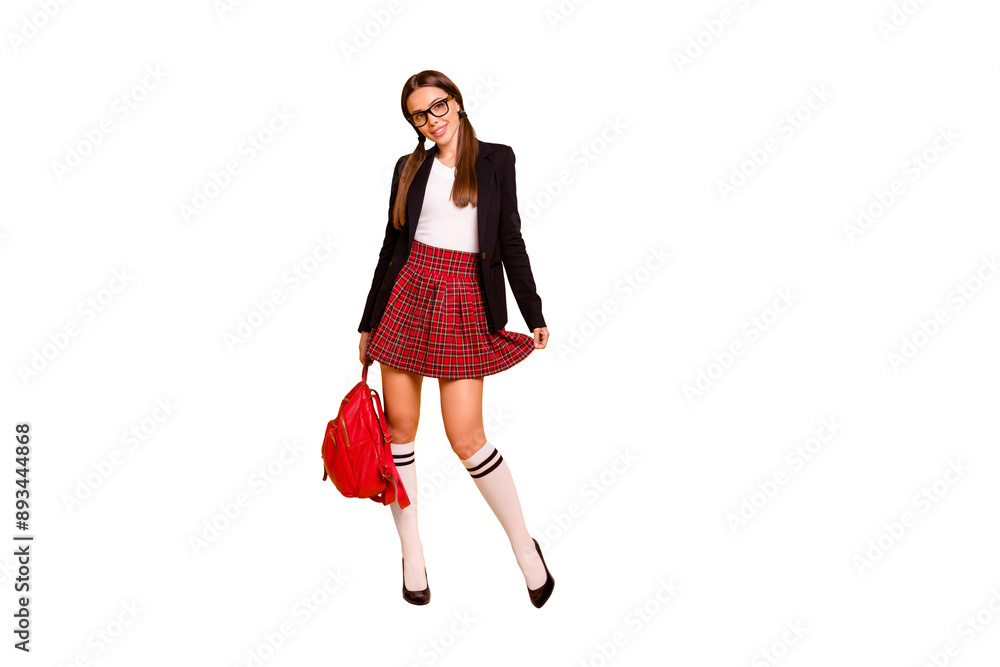 Full length body size view photo cute attractive lady long tails back school academic content enjoy touch dress checked eyewear eyeglasses white knee-socks isolated yellow background plaid long Full length body size view photo cute attractive lady long tails back school academic content enjoy touch dress checked eyewear eyeglasses white knee-socks isolated yellow background plaid long