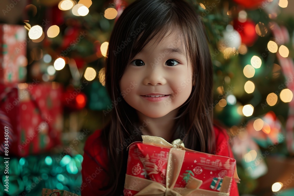 A joyful child happily holds a present in front of a Christmas tree amid holiday lights and decorations, creating a festive and cheerful atmosphere. The scene is full of warmth and joy A joyful child happily holds a present in front of a Christmas tree amid holiday lights and decorations, creating a festive and cheerful atmosphere. The scene is full of warmth and joy