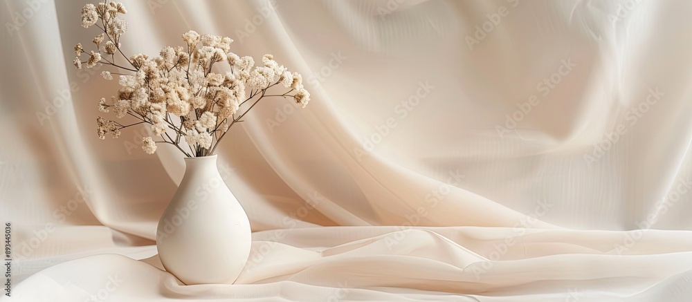 Home room decoration with a white vase holding dry beautiful flowers on a beige fabric backdrop providing an elegant display with copy space image Home room decoration with a white vase holding dry beautiful flowers on a beige fabric backdrop providing an elegant display with copy space image