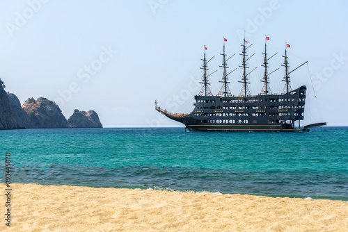 Pirate cruise ship with tourists in the sea near beach of Kleopatra, Alanya, Turkey.