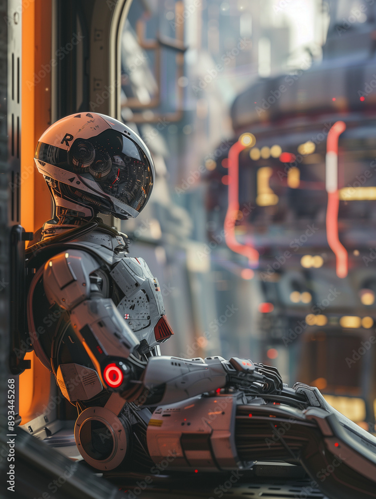 A humanoid robot sits thoughtfully, gazing at a futuristic cityscape with vibrant lights and towering structures A humanoid robot sits thoughtfully, gazing at a futuristic cityscape with vibrant lights and towering structures