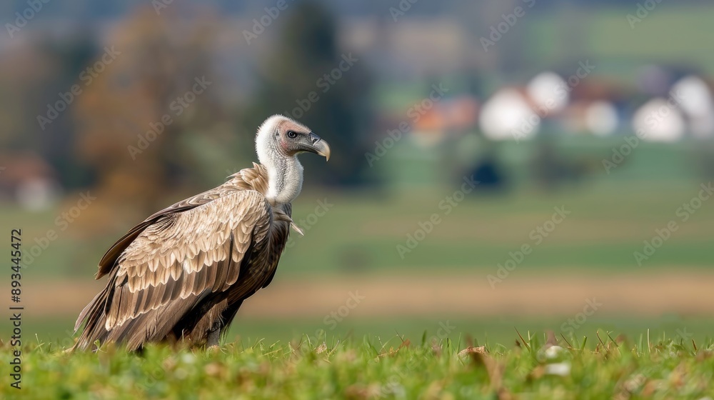 A griffon vulture stands on a grassy hillside, looking towards the horizon. Green hills roll out in the distance, with small trees and shrubs scattered throughout the landscape A griffon vulture stands on a grassy hillside, looking towards the horizon. Green hills roll out in the distance, with small trees and shrubs scattered throughout the landscape