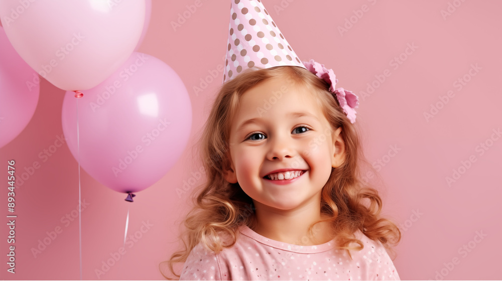 little girl in birthday hat having fun, holding balloons on pink background. little girl in birthday hat having fun, holding balloons on pink background.