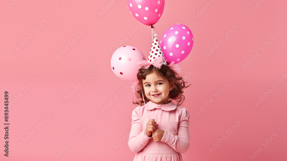 little girl in birthday hat having fun, holding balloons on pink background. little girl in birthday hat having fun, holding balloons on pink background.