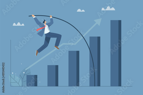 A business growing exponentially, The high success of the organization, Rapid recovery of a company, Financial success concept, Male leader or businessman pole vaulting over growth bar graph.