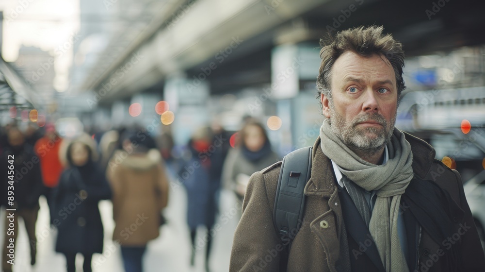 Middle-Aged Man Standing Alone in Busy City Street Middle-Aged Man Standing Alone in Busy City Street