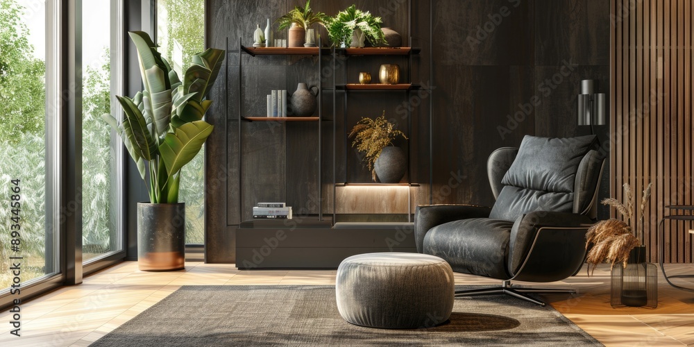 Cozy living room with a chair, ottoman, and potted plants Cozy living room with a chair, ottoman, and potted plants