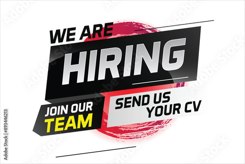 Hiring recruitment design for banner poster. We are hiring lettering with geometric shapes lines. Vector illustration typographic. Open vacancy design template

