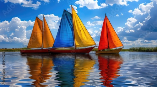 Three sailboats are sailing in the water, with one of them being red