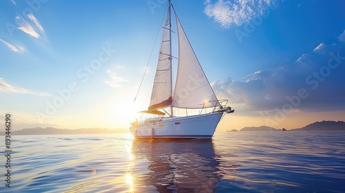 A sailboat is sailing on a calm sea with a beautiful sunset in the background