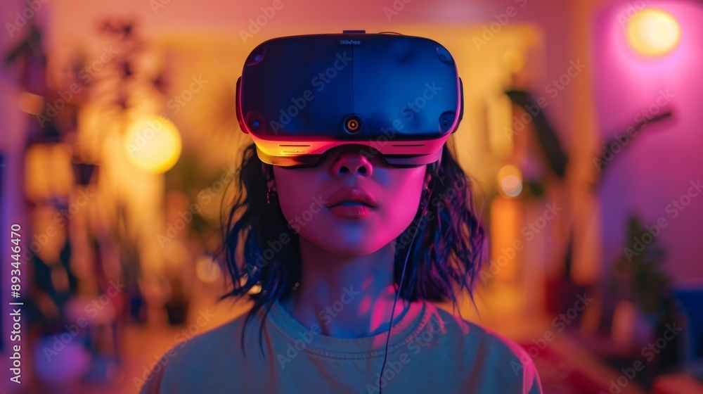 Woman wearing a VR headset in neon-lit room, immersed in cyber technology, Concept of virtual reality, entertainment, and futuristic lifestyle Woman wearing a VR headset in neon-lit room, immersed in cyber technology, Concept of virtual reality, entertainment, and futuristic lifestyle