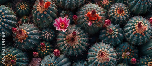 A high angle photograph displaying a circle of Mammillaria bocasana Poselger cacti with flowers and buds atop each globe providing a copy space image photo