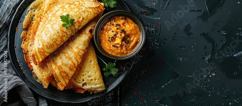 Crunchy rice crepes a popular South Indian dish served with coconut chutney and sambar on an iron plate Copy space image photo