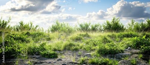 Field with rough stoney ground and bushes provides a natural setting with a rustic charm perfect for outdoor scenes in need of copy space image