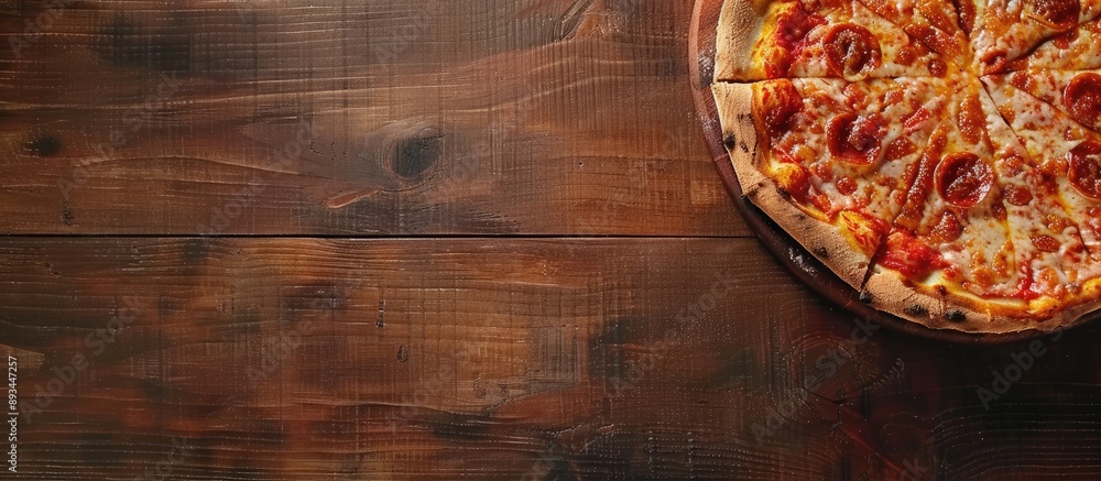 Wooden table with a delicious fresh pizza on a brown background providing ample copy space image Wooden table with a delicious fresh pizza on a brown background providing ample copy space image