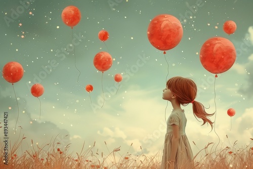 A whimsical scene of a young girl standing in a serene field, surrounded by floating red balloons, evoking a sense of wonder and imagination against a dreamy sky. photo