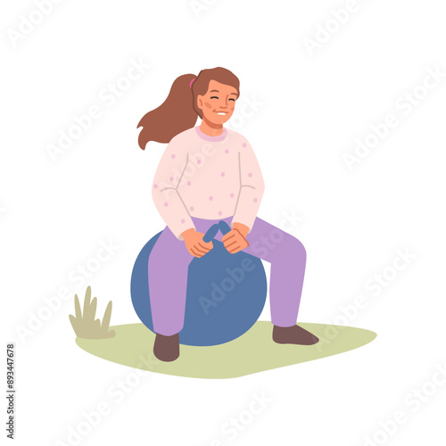 Girl jumping on big ball on grass, smiling young girl jumps on balloon, child bouncing on hopper ball. Cartoon style vector illustration. Happy woman bounce in park, fitness exercises