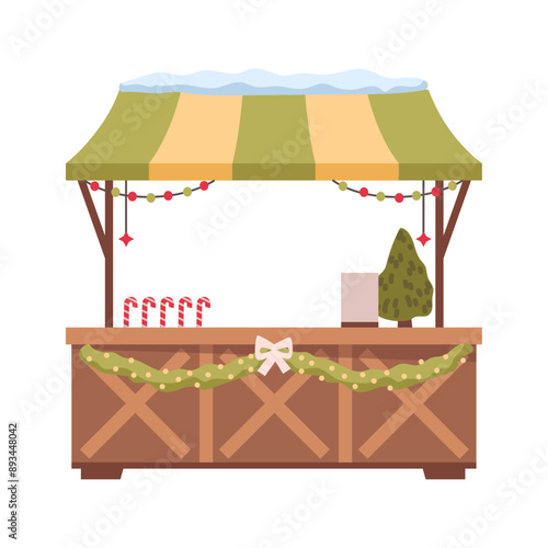 Christmas market stall, garland and candies, New Year outdoors store. Vector illustration of cartoon marketplace shop, kiosk selling souvenirs, facade of decorated chalet for winter holidays