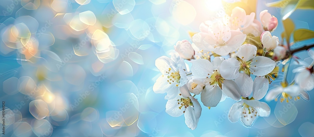 Fototapeta premium White flowers blooming on an old apple tree branch against a blue spring sky with a blurred background and selective focus perfect for a nature themed design with copy space image