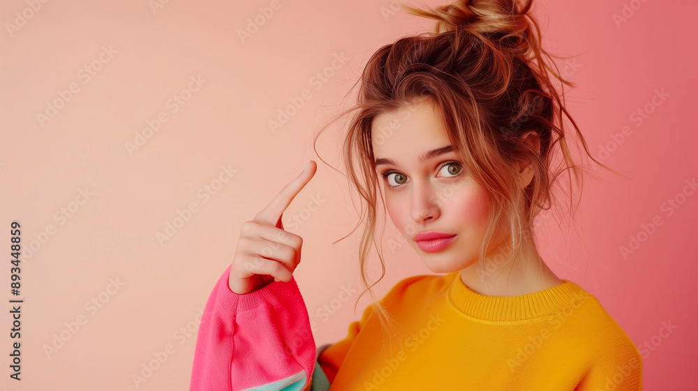 Portrait of a young woman pointing her fingers isolated on a pastel background. Portrait of a young woman pointing her fingers isolated on a pastel background.