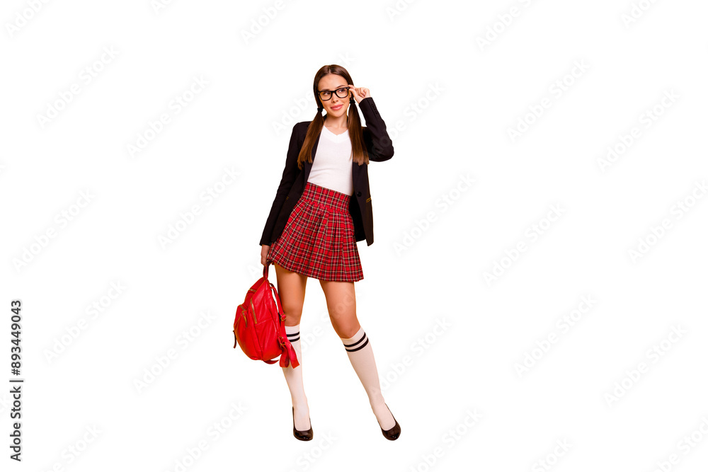 full length body size view photo lady youth romantic tails classmates touch eyewear eyeglasses ponytail pigtail white pullover jacket blazer black stylish trendy red dress isolated bright background full length body size view photo lady youth romantic tails classmates touch eyewear eyeglasses ponytail pigtail white pullover jacket blazer black stylish trendy red dress isolated bright background