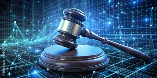 Digital Justice Gavel on Abstract Network Background photo