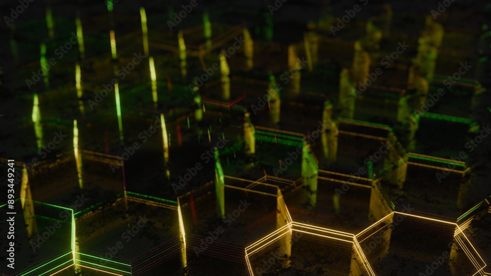 Obraz premium Illuminated Hexagonal Pattern with Neon Green and Yellow Lights..