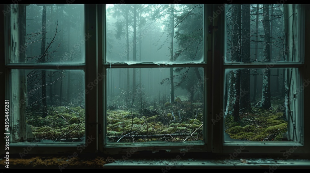 Fototapeta premium Looking out the window, a mossy forest outside in a dark and gloomy atmosphere of horror with dark green colors. Generative AI.