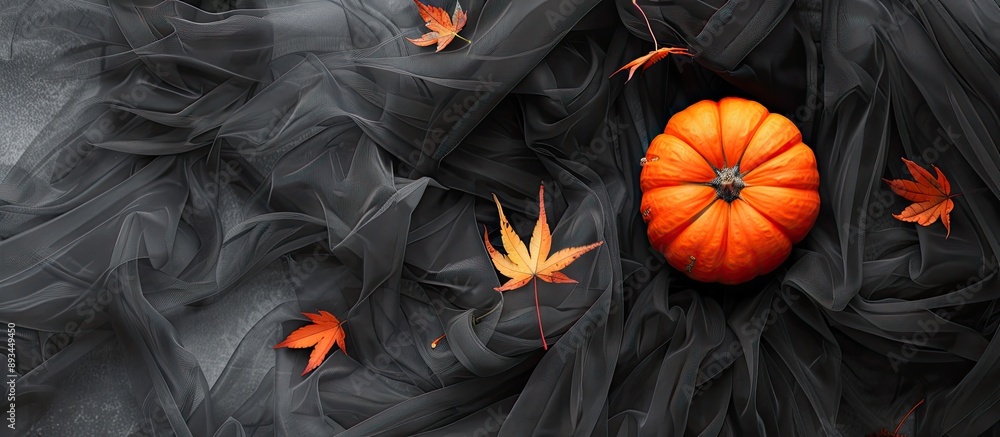Halloween themed composition featuring a pumpkin set against a black tulle backdrop with maple leaves ideal for adding text with copy space image Halloween themed composition featuring a pumpkin set against a black tulle backdrop with maple leaves ideal for adding text with copy space image