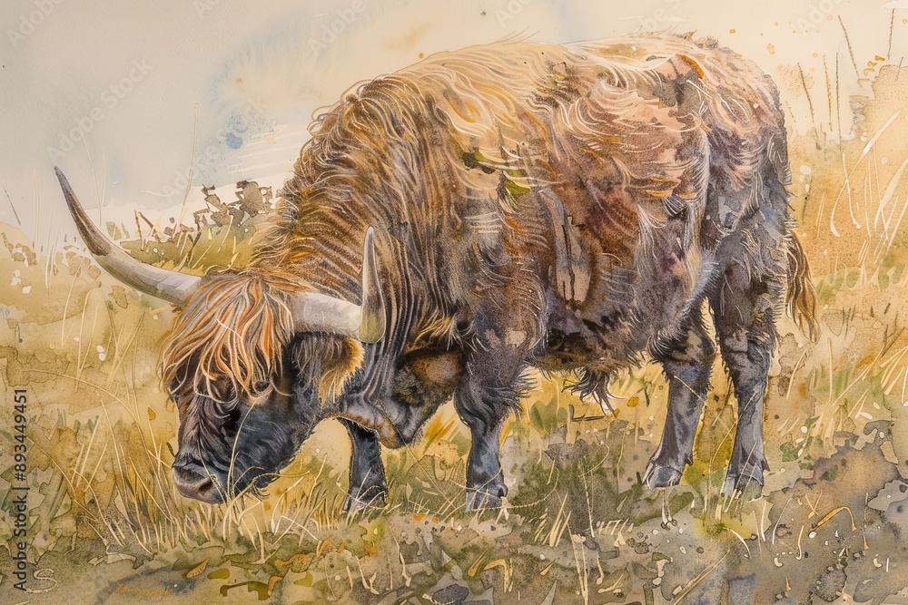 Fototapeta premium Watercolor close up of a grazing highland bull
