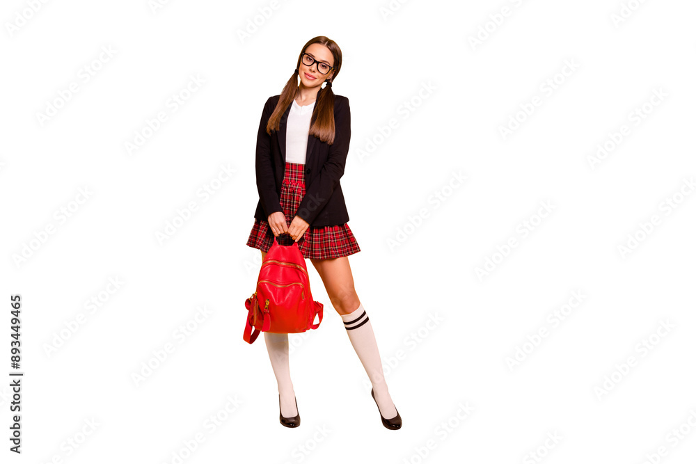 Full length body size view photo cute attractive teen teenager hand relaxed eyewear eyeglasses white black jacket tails knee-socks long skirt red checked plaid high-heels isolated colorful background Full length body size view photo cute attractive teen teenager hand relaxed eyewear eyeglasses white black jacket tails knee-socks long skirt red checked plaid high-heels isolated colorful background