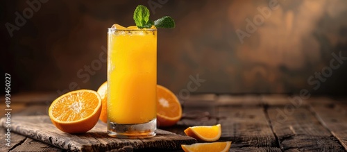 Copy space image of a refreshing cocktail with fresh orange juice placed on a rustic wooden surface