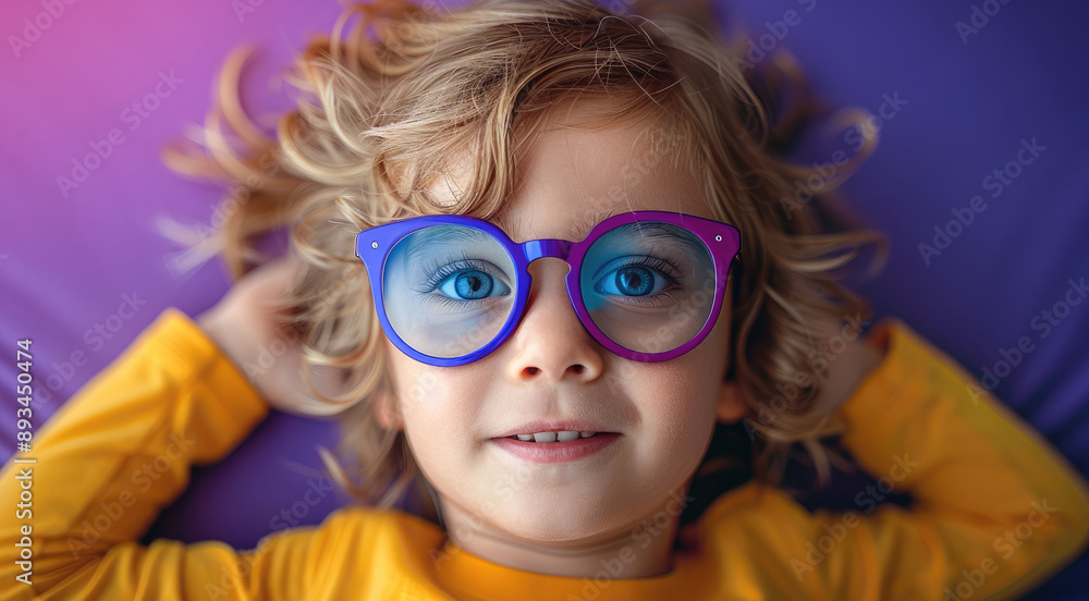 Child trying on colorful glasses, with a bright purple background. Generative AI. Child trying on colorful glasses, with a bright purple background. Generative AI.