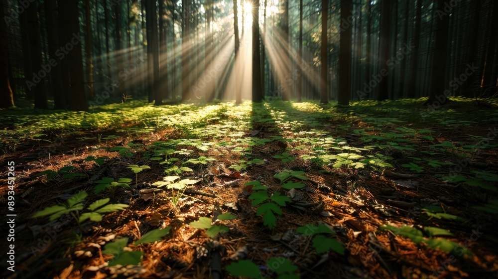 Fototapeta premium Sunrays pierce through a forest, creating a vibrant glow on the forest floor and illuminating young plants, capturing the beauty and serenity of nature's light and growth.