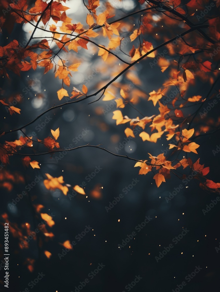 Branches with autumn leaves in a dreamy forest setting. Branches with autumn leaves in a dreamy forest setting.