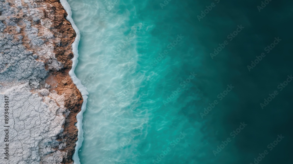 Stunning aerial photograph capturing the tranquil coastline with a beautiful gradient of clear aqua blue water meeting the rocky shoreline and salt formations. Stunning aerial photograph capturing the tranquil coastline with a beautiful gradient of clear aqua blue water meeting the rocky shoreline and salt formations.