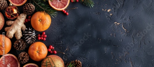 Festive Christmas composition with holiday elements like oranges pinecones tree ornaments fruit and ginger on a dark backdrop arranged neatly with space for text and a copy space image