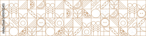 Line geometric mosaic seamless pattern illustration. Organic fruit vegetable geometric pattern. Natural food background creative simple bauhaus style, agriculture vector design. Healthy Food pattern