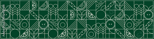 Line geometric mosaic seamless pattern illustration. Organic fruit vegetable geometric pattern. Natural food background creative simple bauhaus style, agriculture vector design. Healthy Food pattern
