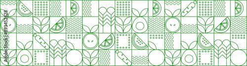 Web banner. Hand drawn illustration. Organic fruit, vegetable, fish, seafood, coffee and bakery geometric pattern. Abstract geometric line background. Gold luxury  Healthy Food pattern
