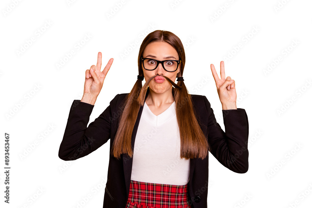 Portrait childish playful foolish fun funky funny youth free time make v-sign white red skirt pullover outfit black jacket blazer isolated yellow background Portrait childish playful foolish fun funky funny youth free time make v-sign white red skirt pullover outfit black jacket blazer isolated yellow background