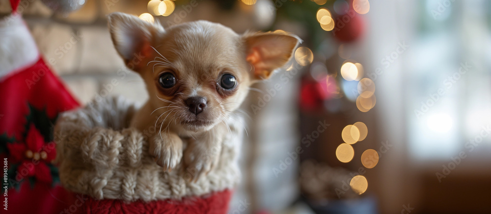 Cute Chihuahua in red Christmas stocking festive holiday decor pet adoption animal rescue vet veterinary clinic xmas joy copy space banner, background adorable ad concept Cute Chihuahua in red Christmas stocking festive holiday decor pet adoption animal rescue vet veterinary clinic xmas joy copy space banner, background adorable ad concept